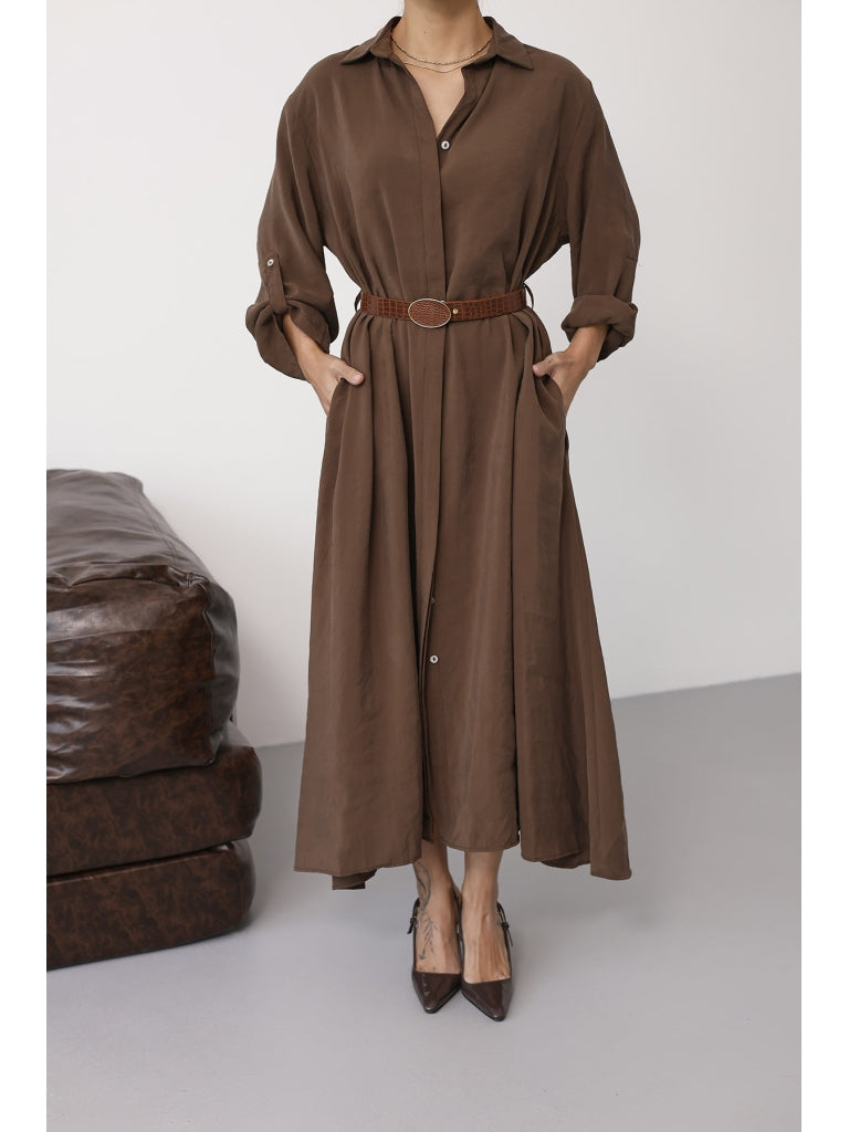 Kahve Tensel Kemerli Gömlek Elbise EYY3270-Kahve