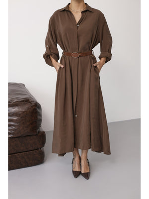 Kahve Tensel Kemerli Gömlek Elbise EYY3270-Kahve