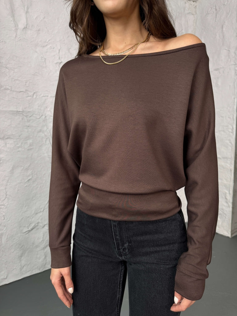 Kahverengi Kayık Yaka Modal Bluz 2540-Kahve