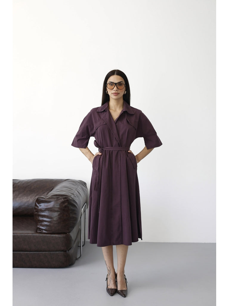 Mürdüm Önden Fermuarlı Kuşaklı Elbise 0049-Mürdüm