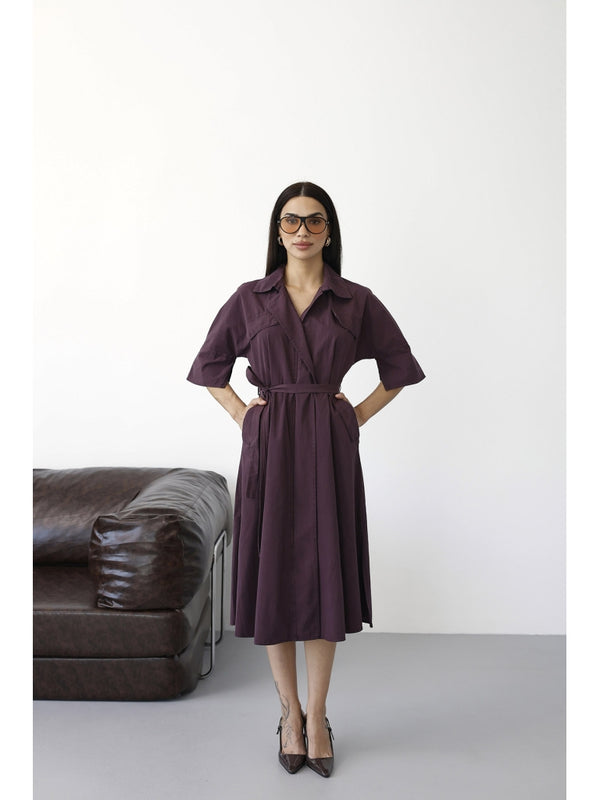 Mürdüm Önden Fermuarlı Kuşaklı Elbise 0049-Mürdüm