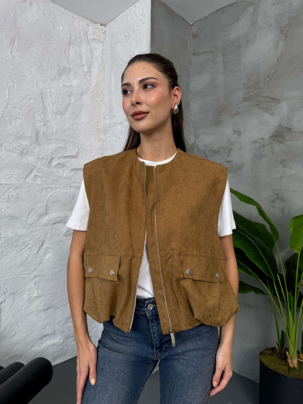 Camel Tasarım Süet Yelek