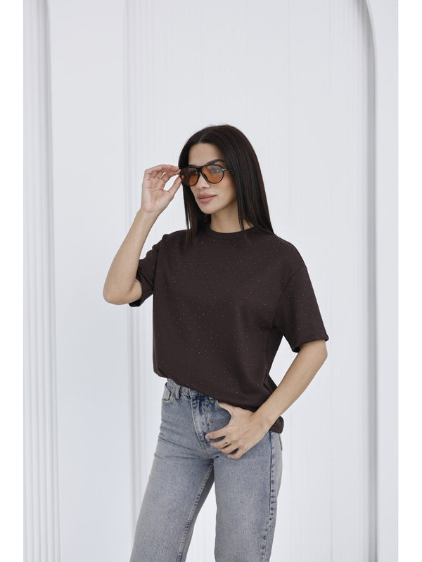 Kahverengi Taş Baskılı Tshirt 4236-Kahve