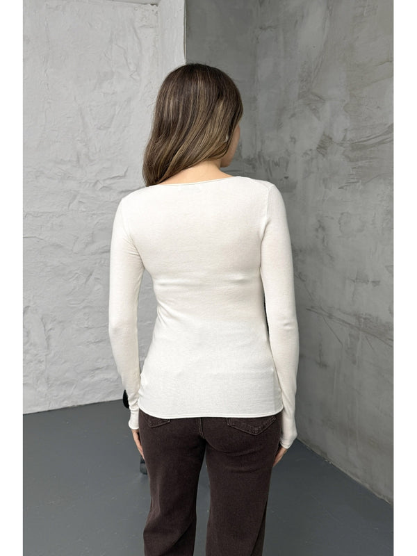 Dilvin Ekru Kayık Yaka Kaşmir Bluz 10840-EKRU