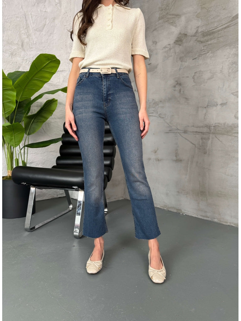 Mavi Kesik Paça Likralı Mom Jean