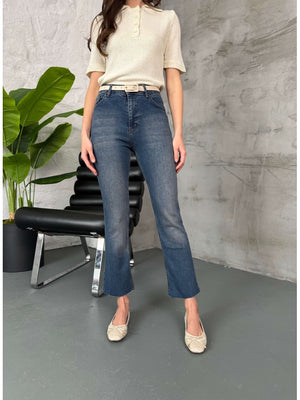 Mavi Kesik Paça Likralı Mom Jean