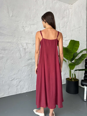 Bordo Kuşaklı İp Askılı Modal Elbise 35465-Bordo