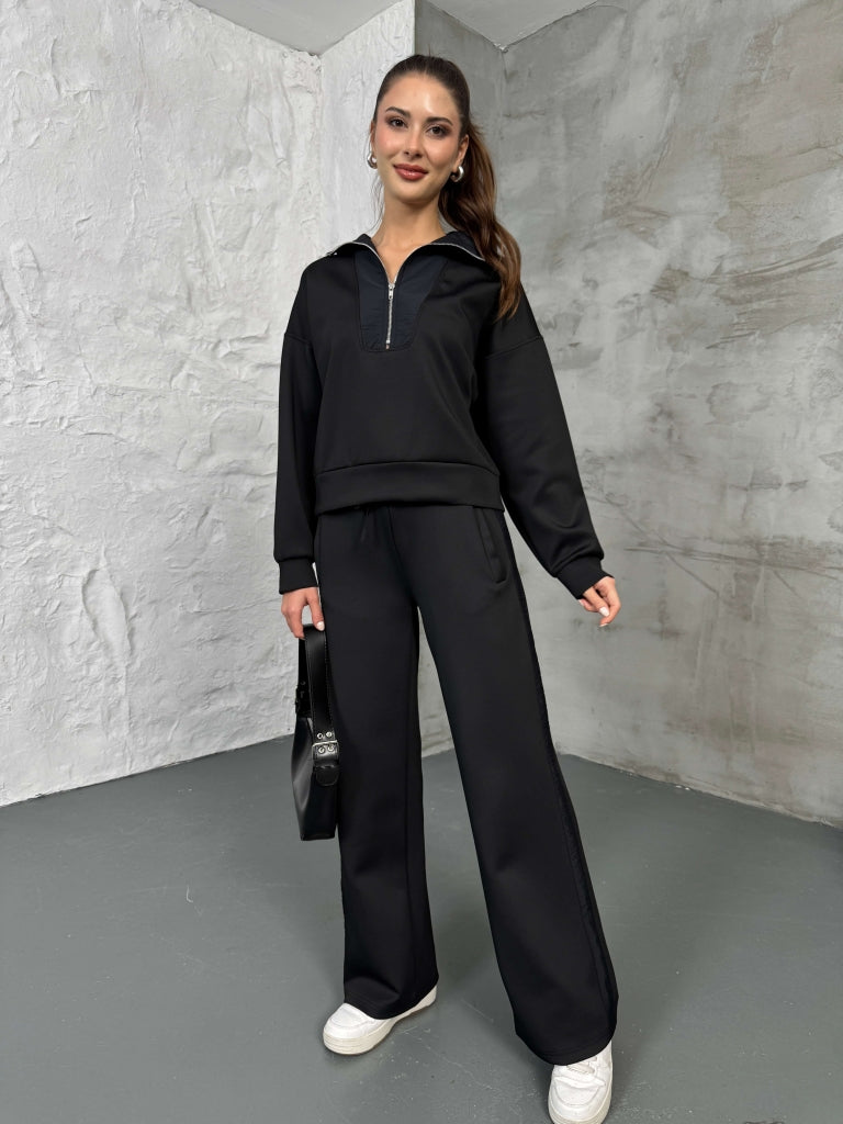 Siyah Paraşüt Şeritli Fermuarlı Scuba Takım 2624-Siyah