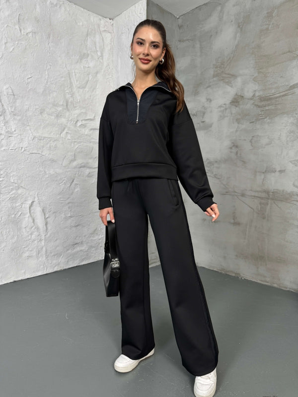 Siyah Paraşüt Şeritli Fermuarlı Scuba Takım 2624-Siyah