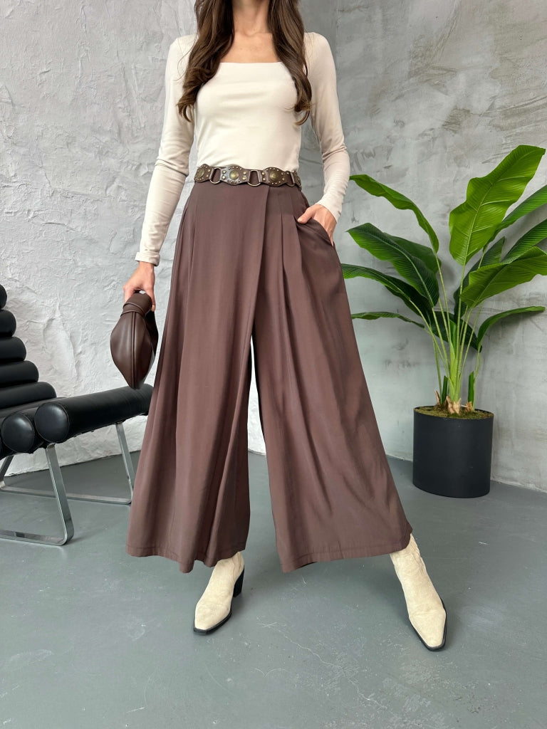 Kahverengi Beli Pilili Tencel Pantolon
