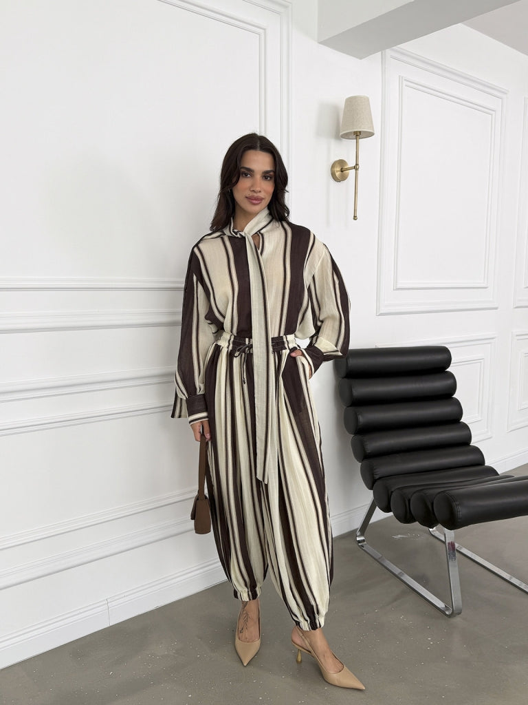 Kahve Taş Şeritli Keten Şalvar Takım 51331-Kahve