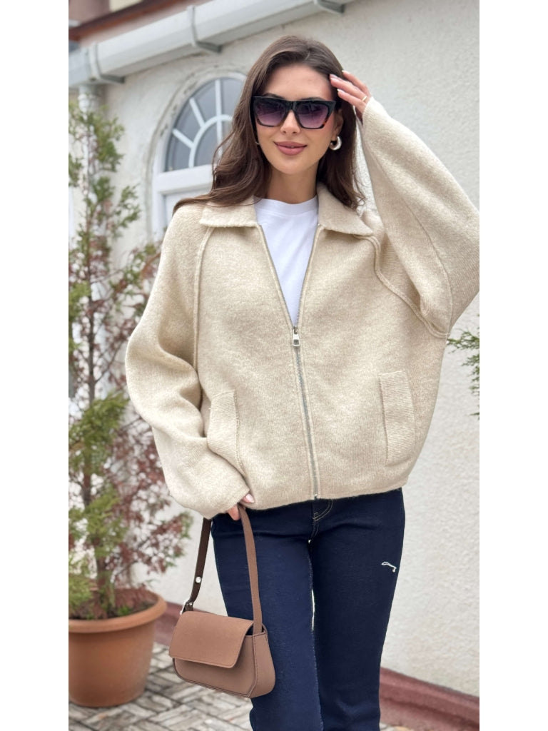 Taş  Polo Yaka Fermuarlı Hırka 2381-Taş