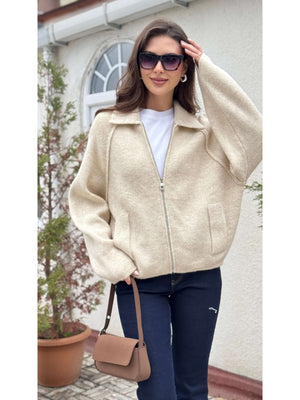 Taş  Polo Yaka Fermuarlı Hırka 2381-Taş