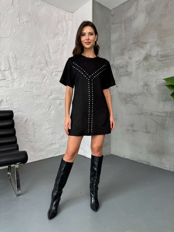 Siyah Zr Model  Zımba Detaylı Süet Elbise
