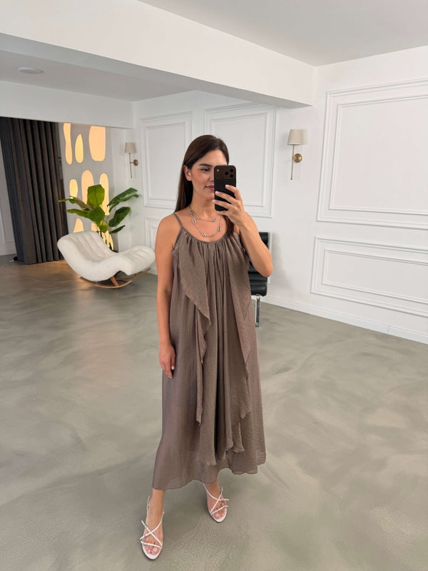 Bronz İp Askılı Fırfırlı Elbise EY3422-Bronz