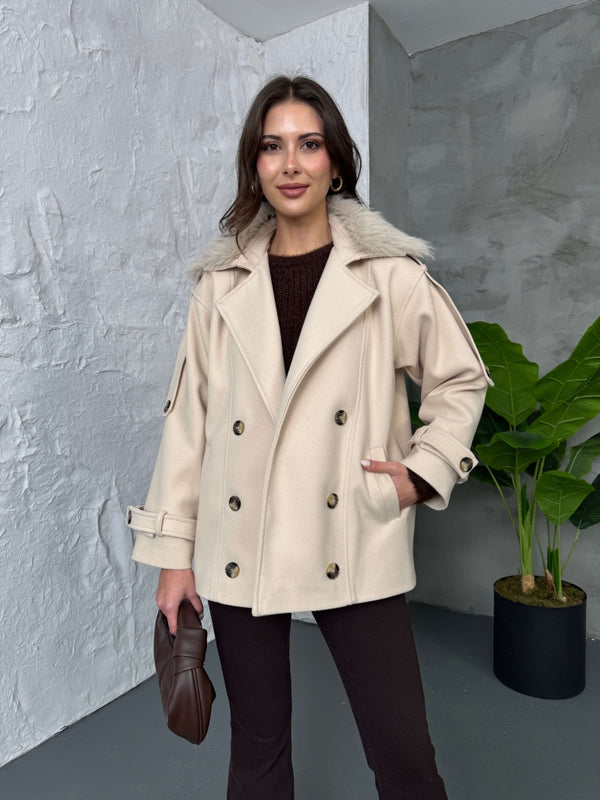 Taş Yakası Kürklü Premium Kaşe Kaban 70100-Taş