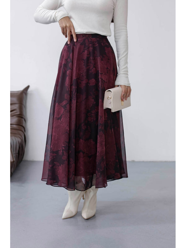 Mürdüm Çiçek Detaylı Şifon Etek 0613-Mürdüm