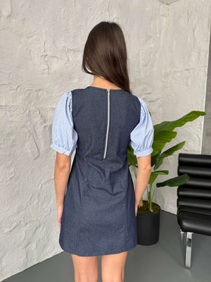 Kolları Çizgili Poplin Detay Denim Elbise
