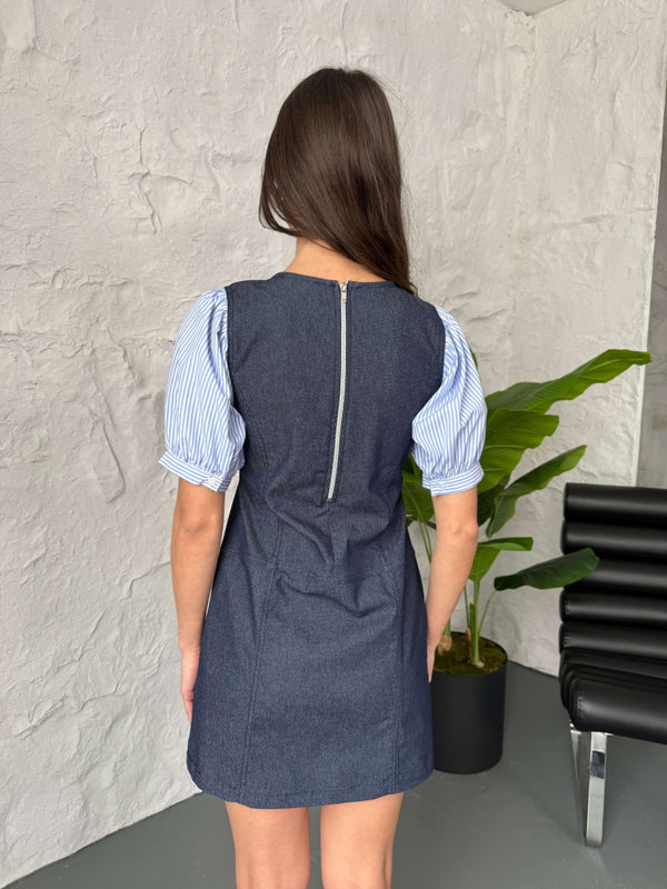 Kolları Çizgili Poplin Detay Denim Elbise