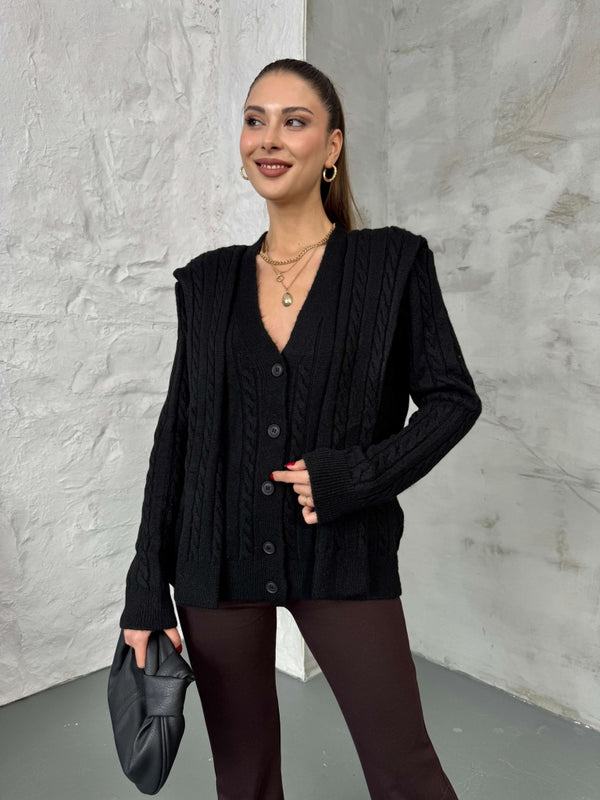 Siyah Massi Model Şal Detaylı Örgü Hırka