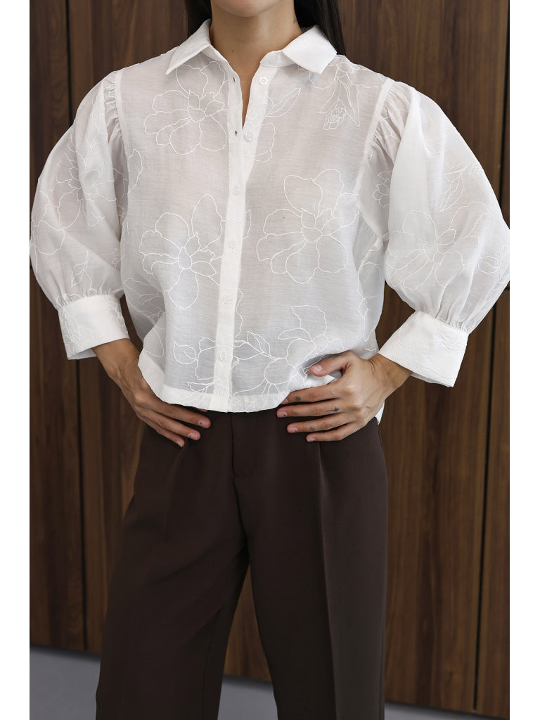 Ekru Çiçek Nakışlı Gömlek 8199-EKRU