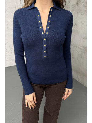 İndigo Polo Yaka Çıtçıtlı Kazak 251172-İndigo