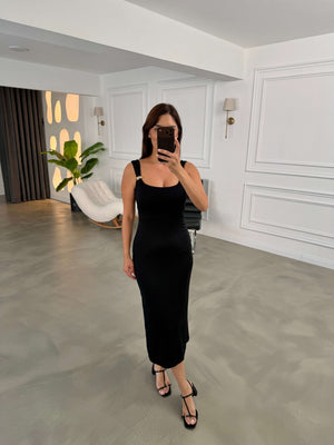 Siyah Omzu Gold Tokalı Modal Elbise 4276-Siyah