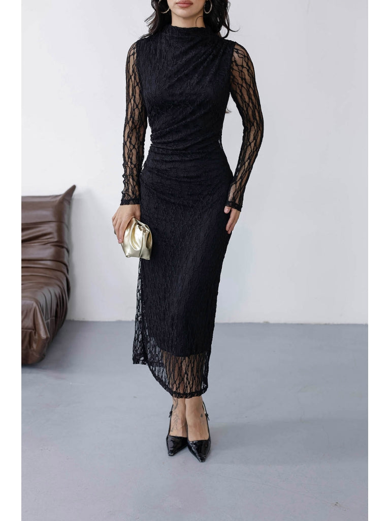 Siyah Yan Büzgülü Dantel Elbise 8249-Siyah