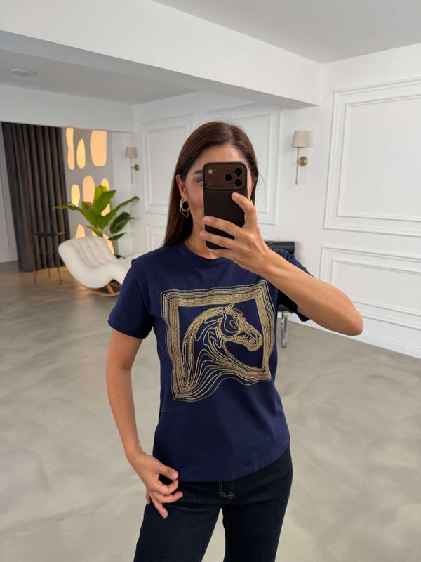 Lacivert Desen Taşlı Tshirt 8717-Lacivert