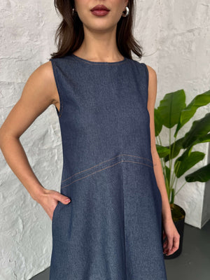 Sıfır Kol Dikiş Detaylı Jean Elbise 29828