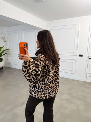 Leopar Ön Fermuarlı Peluş Sweat 22889-Leopar