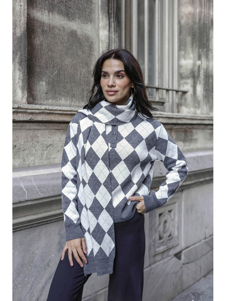 Gri Sim Detaylı Atkılı Triko Kazak 2620-Gri