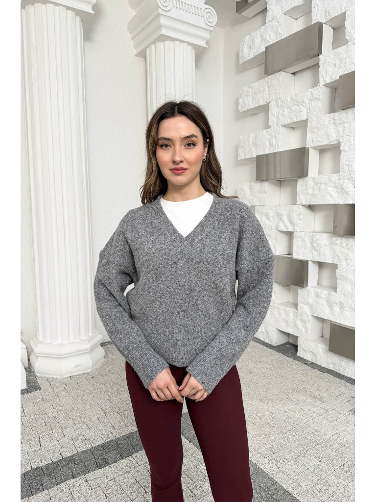 Dilvin Antrasit V Yaka Yumuşak Dokulu Kazak 10645-Antrasit