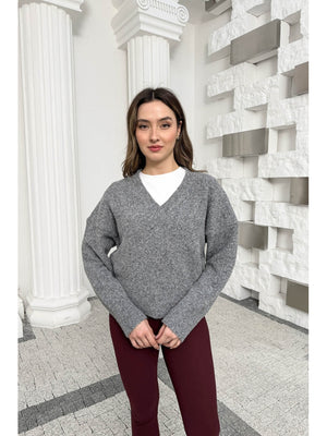 Dilvin Antrasit V Yaka Yumuşak Dokulu Kazak 10645-Antrasit