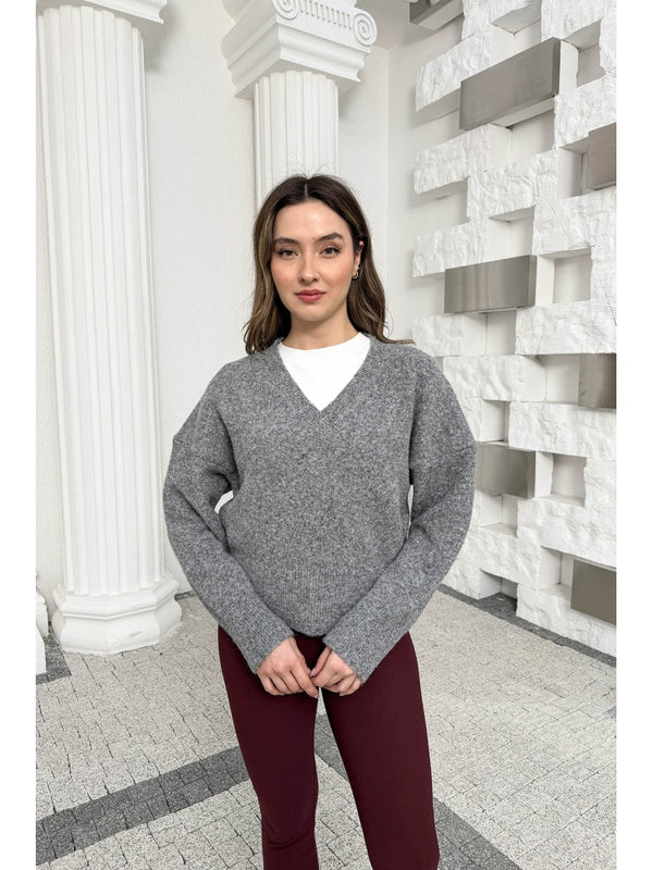 Dilvin Antrasit V Yaka Yumuşak Dokulu Kazak 10645-Antrasit