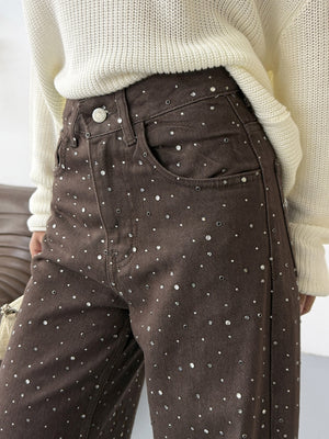 Koyu Kahve Taş Detaylı Palazzo Jean 0027-KOYU KAHVE