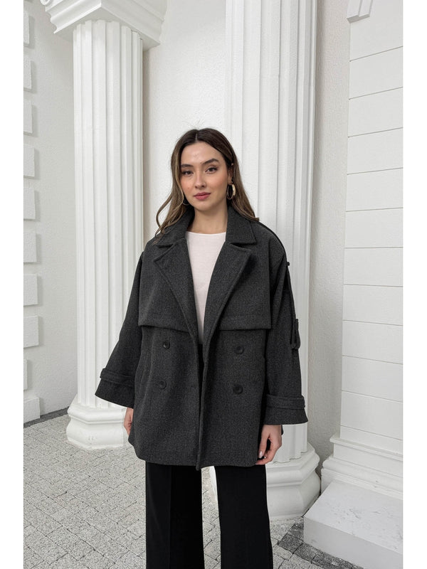 Antrasit Rebello Kuşaklı Kaşe Kaban 9669-Antrasit