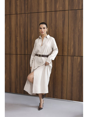 Taş Maxi Boydan Düğmeli Kemerli Elbise 8185-Taş