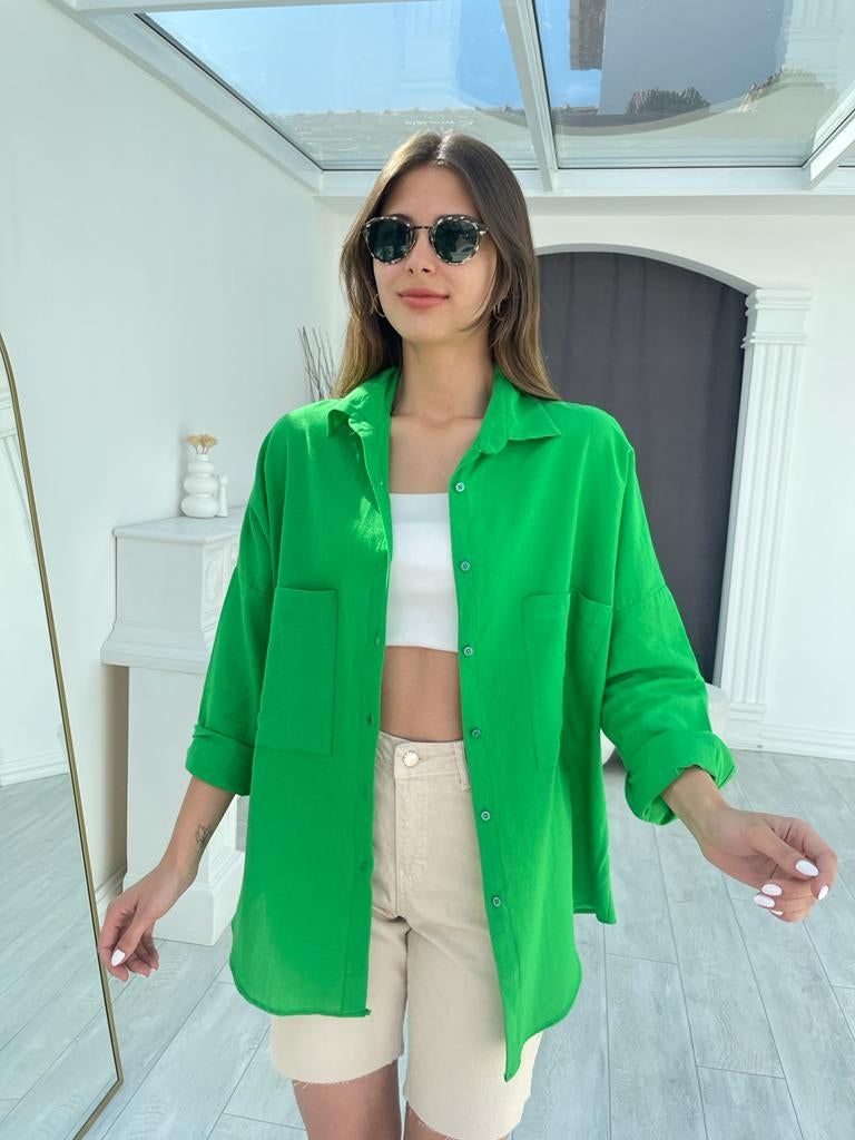 Yeşil Oversize Keten Gömlek N002-Yeşil