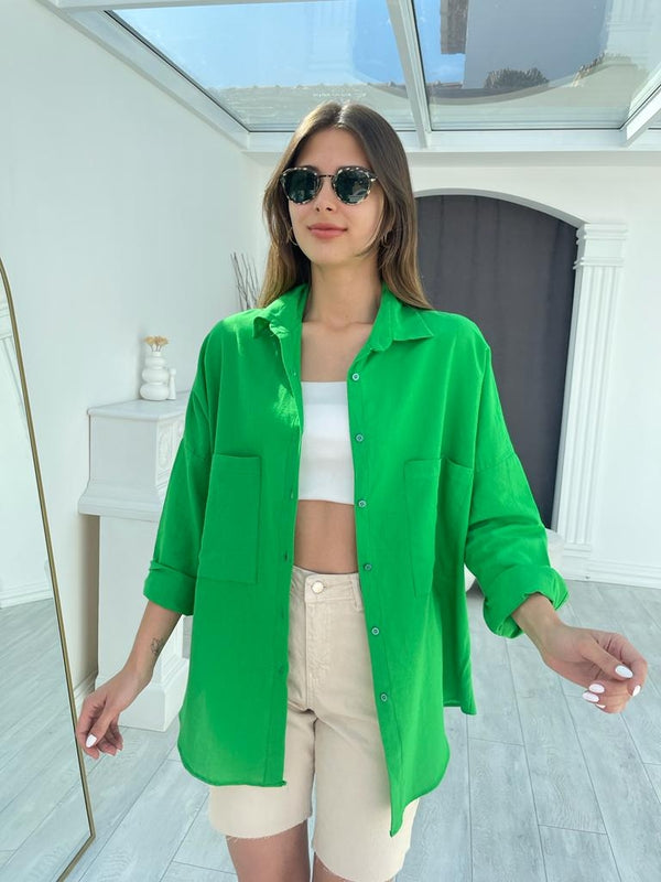 Yeşil Oversize Keten Gömlek N002-Yeşil