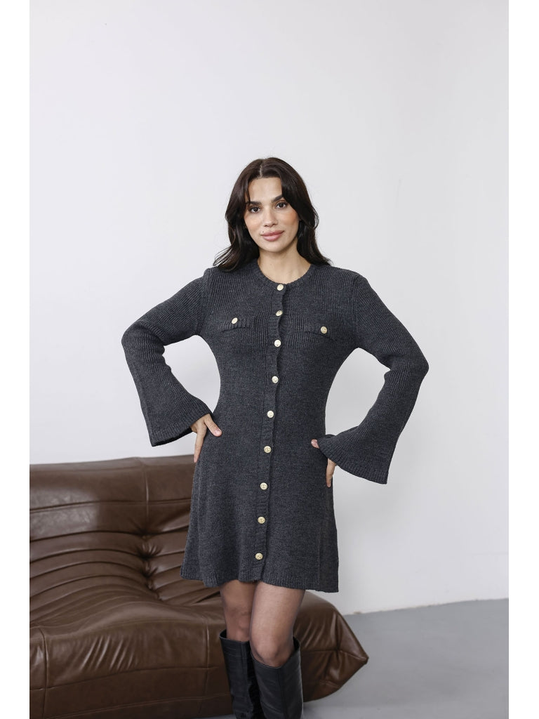 Antrasit Uzun Kol Gold Düğmeli Triko Elbise 0159-Antrasit