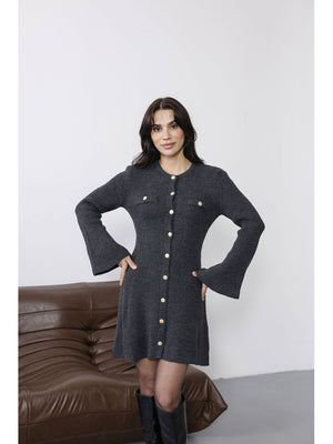 Antrasit Uzun Kol Gold Düğmeli Triko Elbise 0159-Antrasit