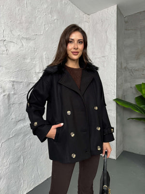 Siyah Yakası Kürklü Premium Kaşe Kaban 70100-Siyah