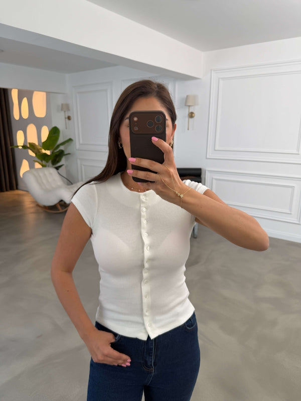 Beyaz Fitilli Likralı Bluz 10905-Beyaz