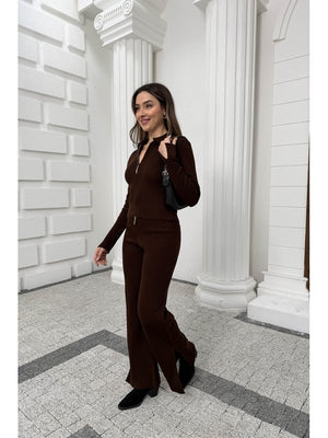 Kahverengi Çift Fermuarlı Fitilli Triko Takım 0103-Kahverengi