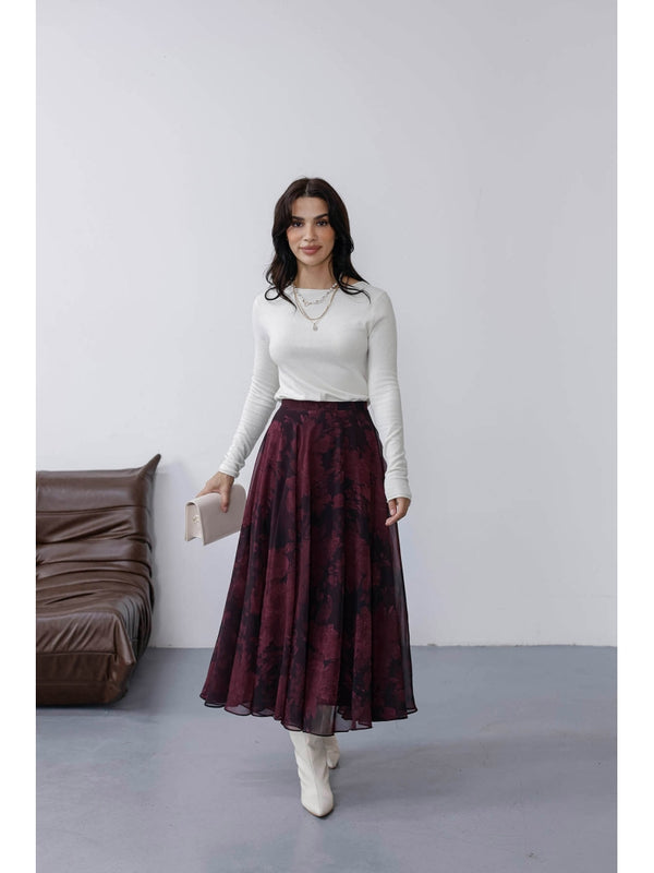 Mürdüm Çiçek Detaylı Şifon Etek 0613-Mürdüm