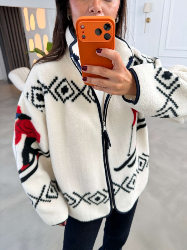 Ekru Ön Fermuarlı Peluş Sweat 22889-Ekru