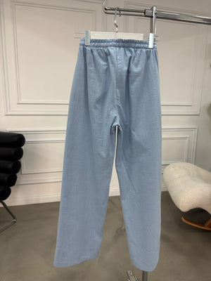 Mavi Beli Bağcıklı Keten Pantolon 7532-Mavi