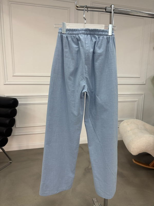 Mavi Beli Bağcıklı Keten Pantolon 7532-Mavi