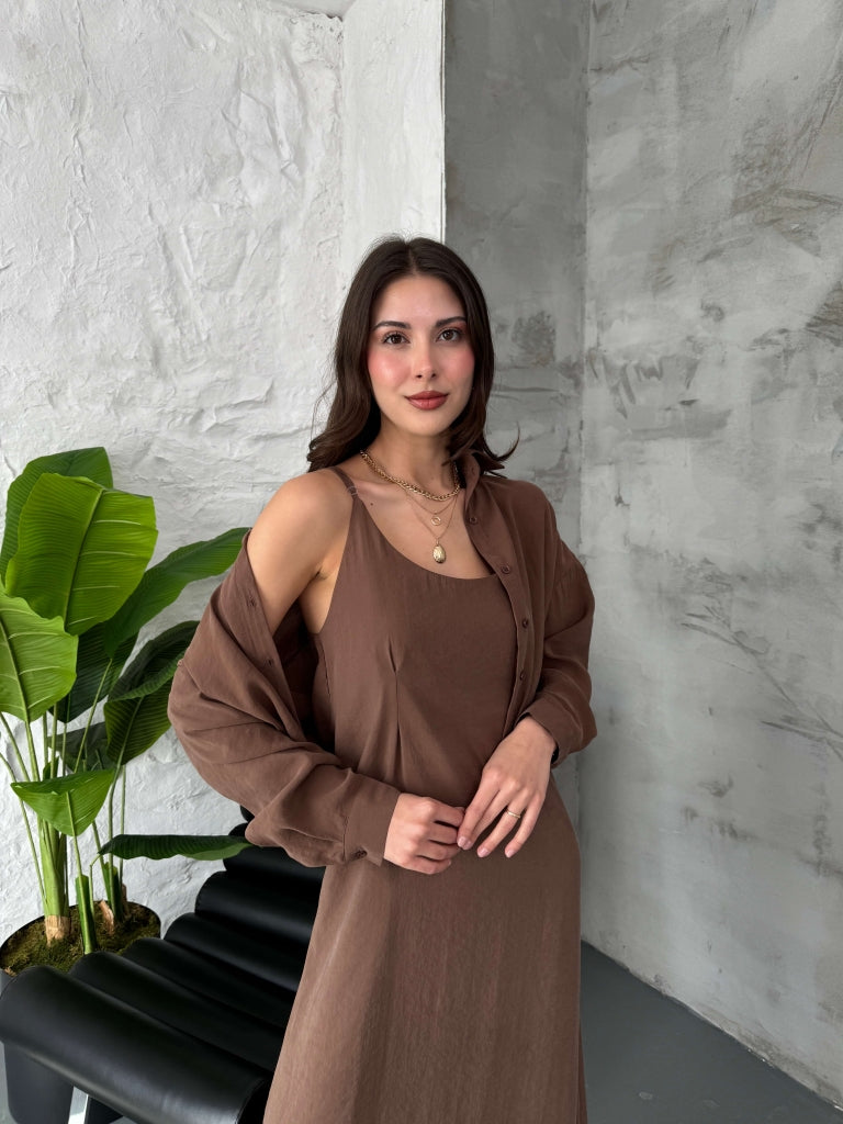 Kahve İp Askılı Elbise Gömlek Takım